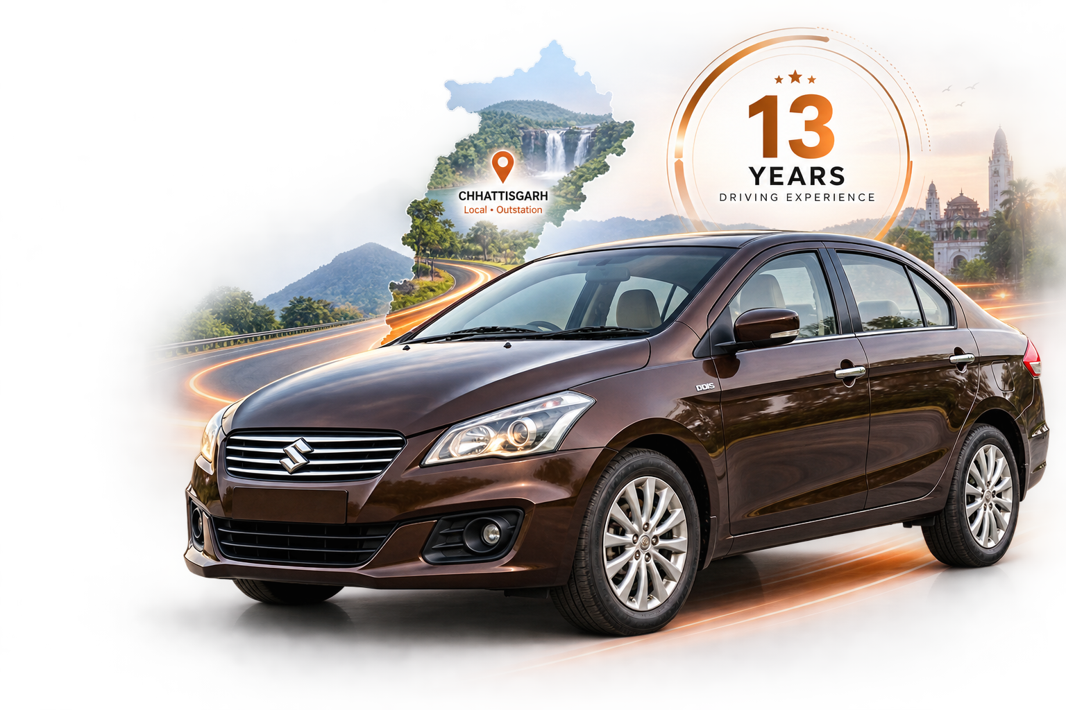 Koushik Tours & Travels fleet vehicle — 13 years driving experience across Chhattisgarh